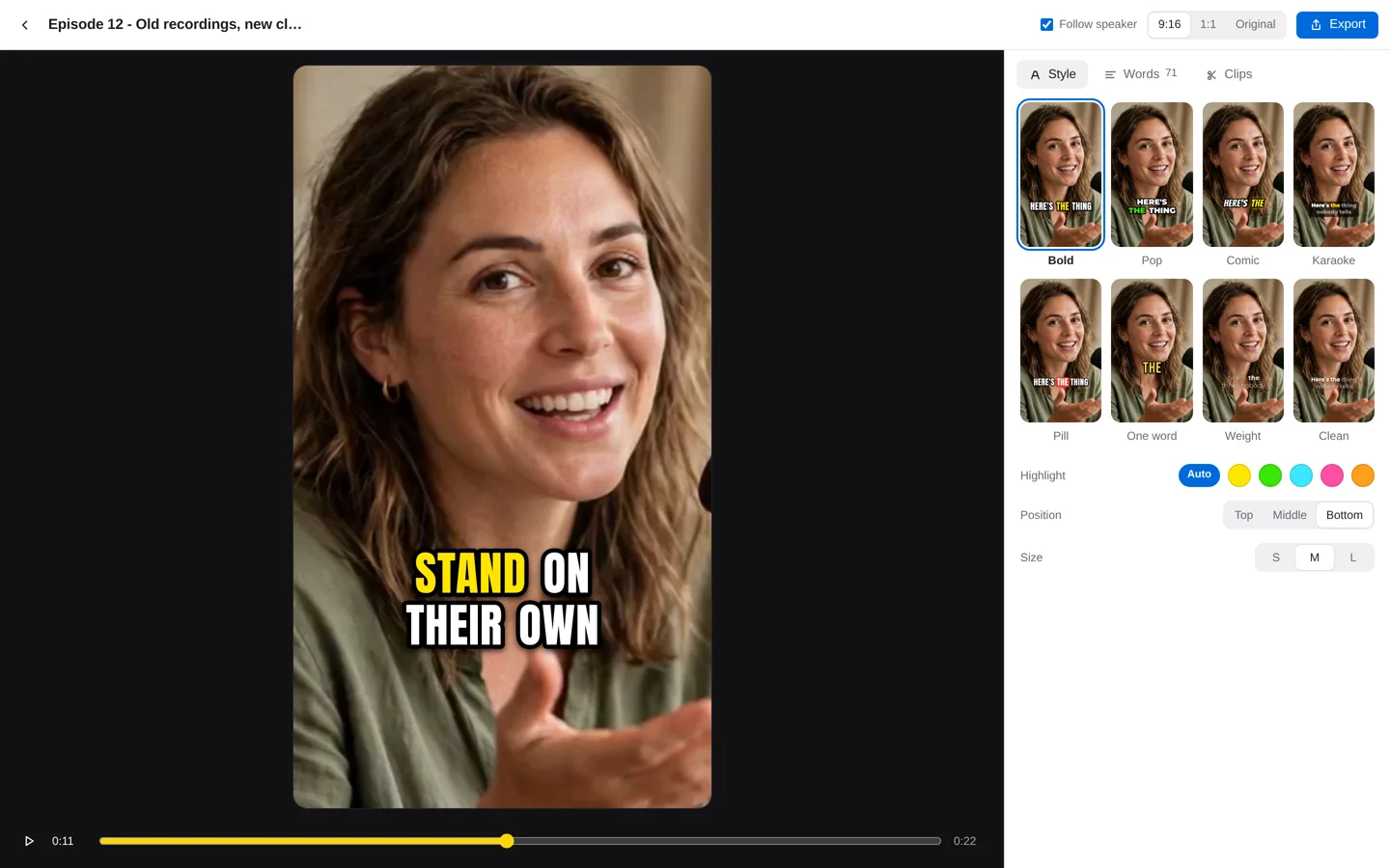 The TenunKlip editor: a vertical video of a speaker with bold captions, and eight caption styles to choose from
